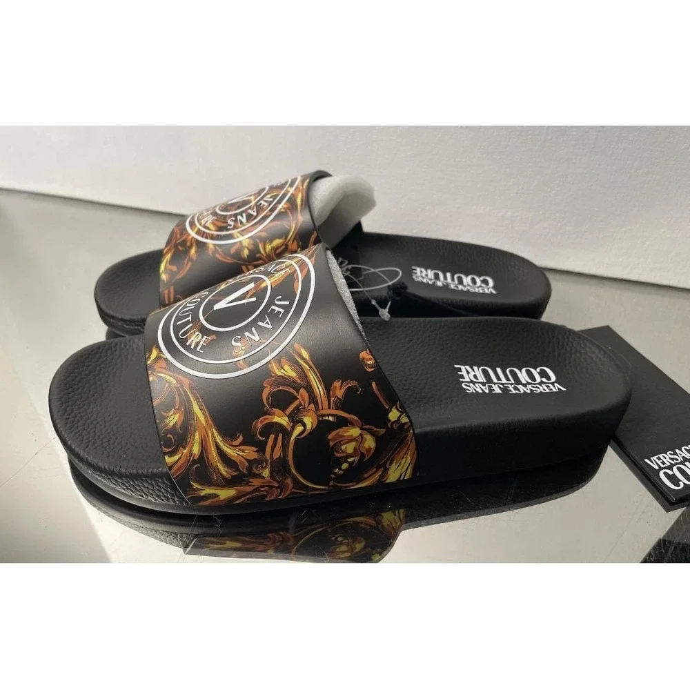 Versace Jeans Couture Mens Gold Black Logo Slide Sandals Summer Shoes New